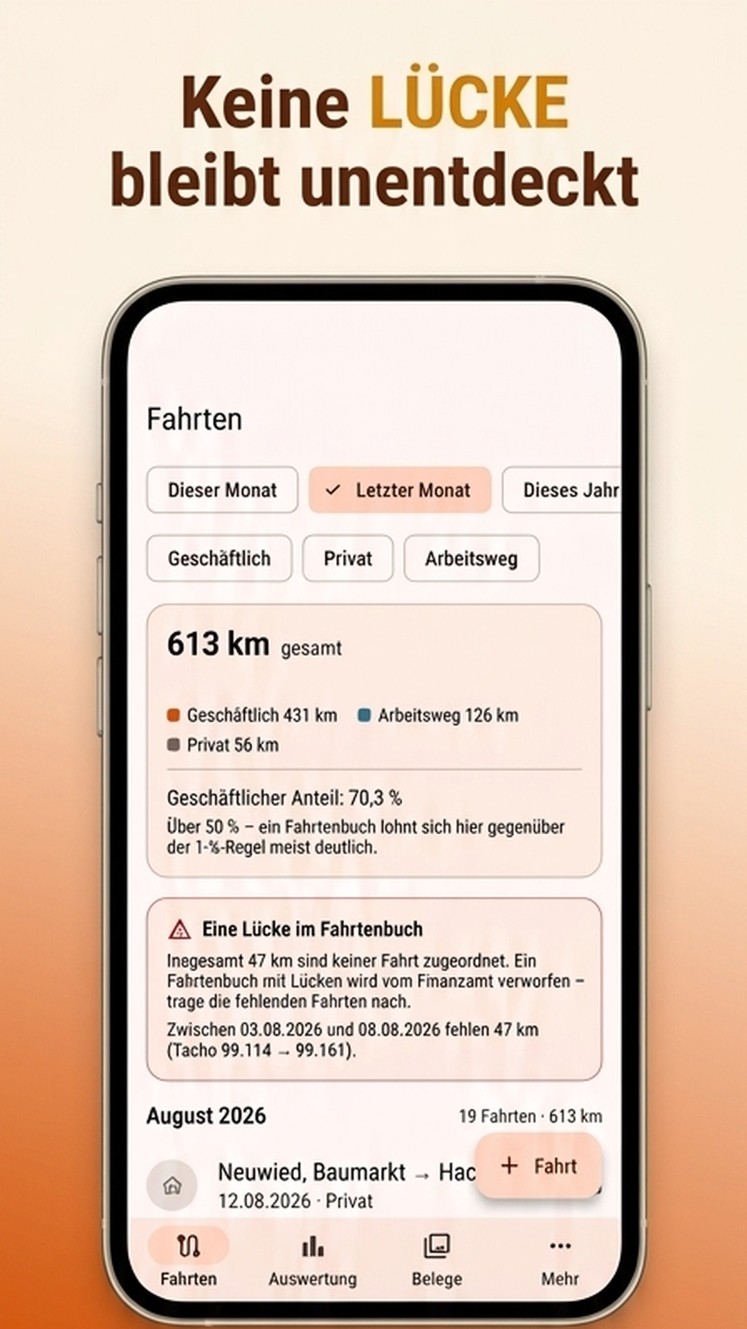 Fahrtenliste mit sichtbarem Hinweis auf eine Lücke im Fahrtenbuch