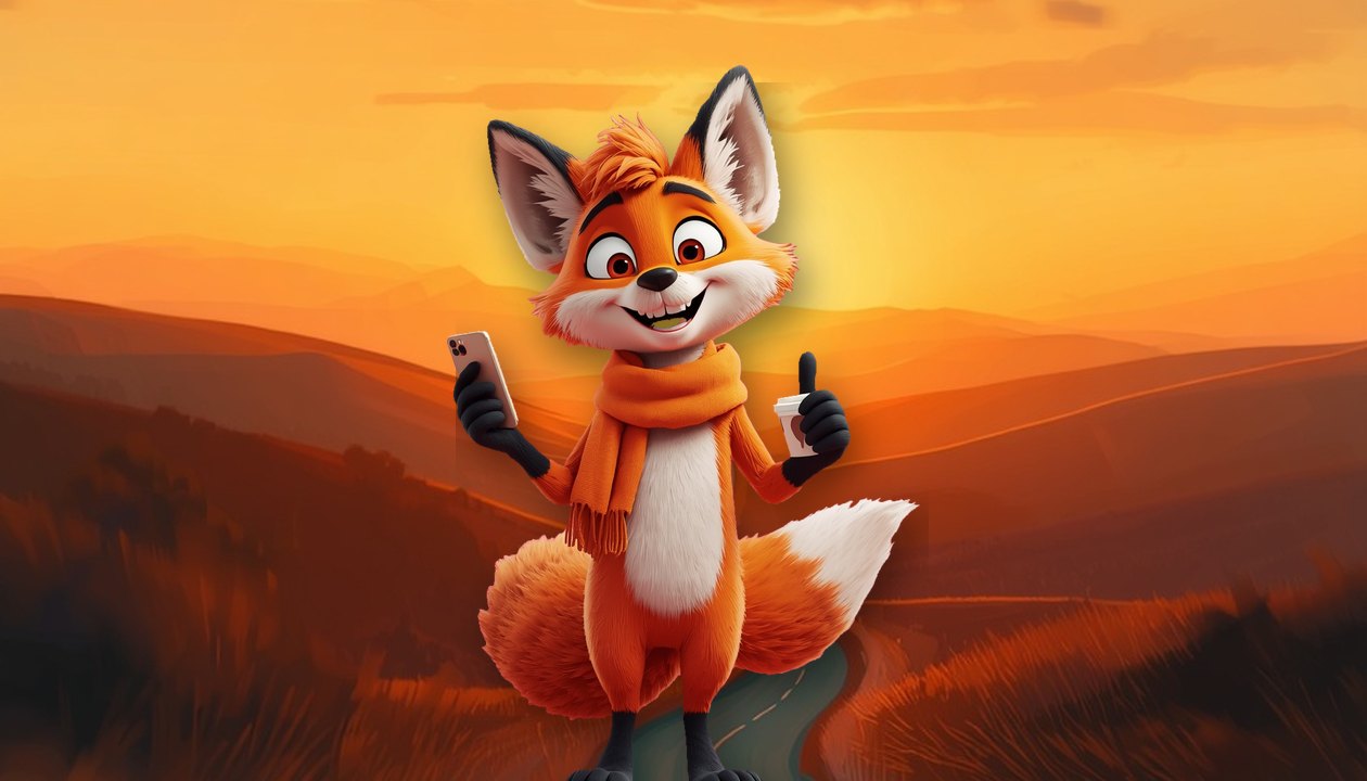 Entspannter Fuchs mit Smartphone, Daumen hoch