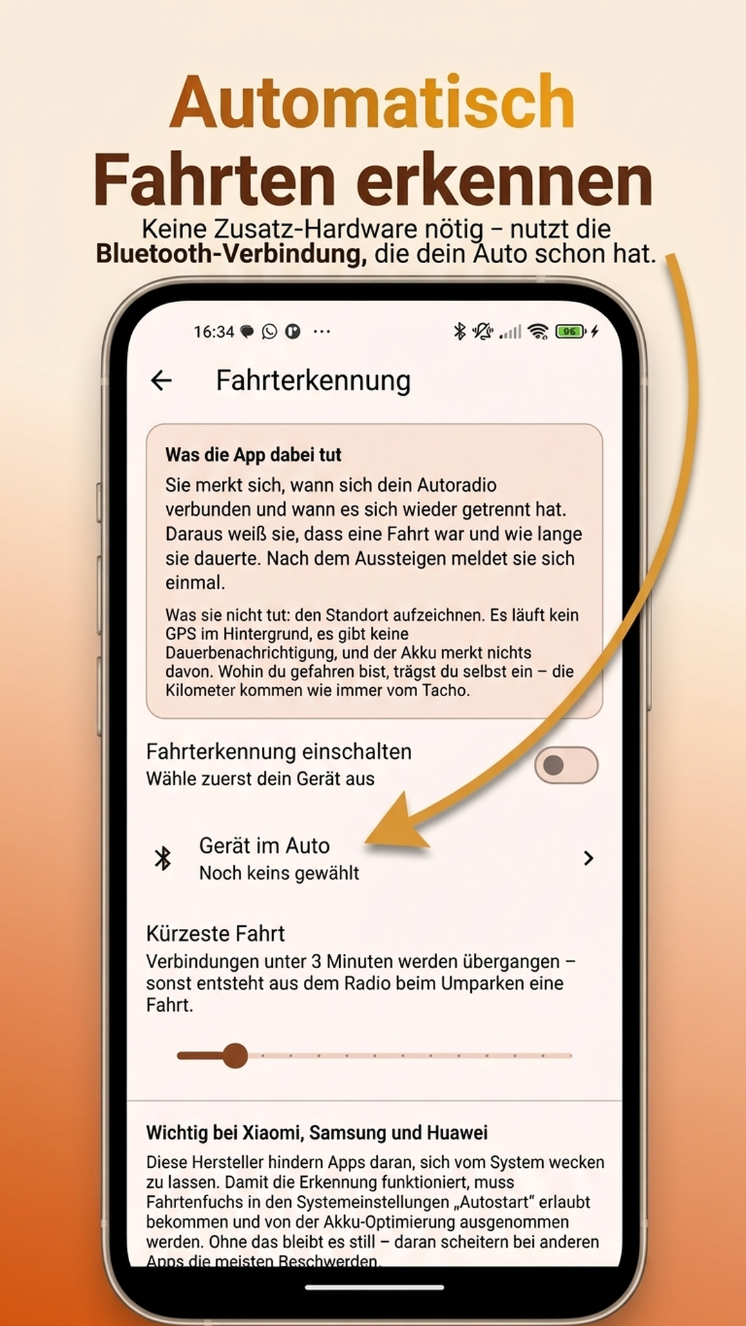 Einstellungsseite der Fahrterkennung mit Auswahl des Bluetooth-Geräts im Auto