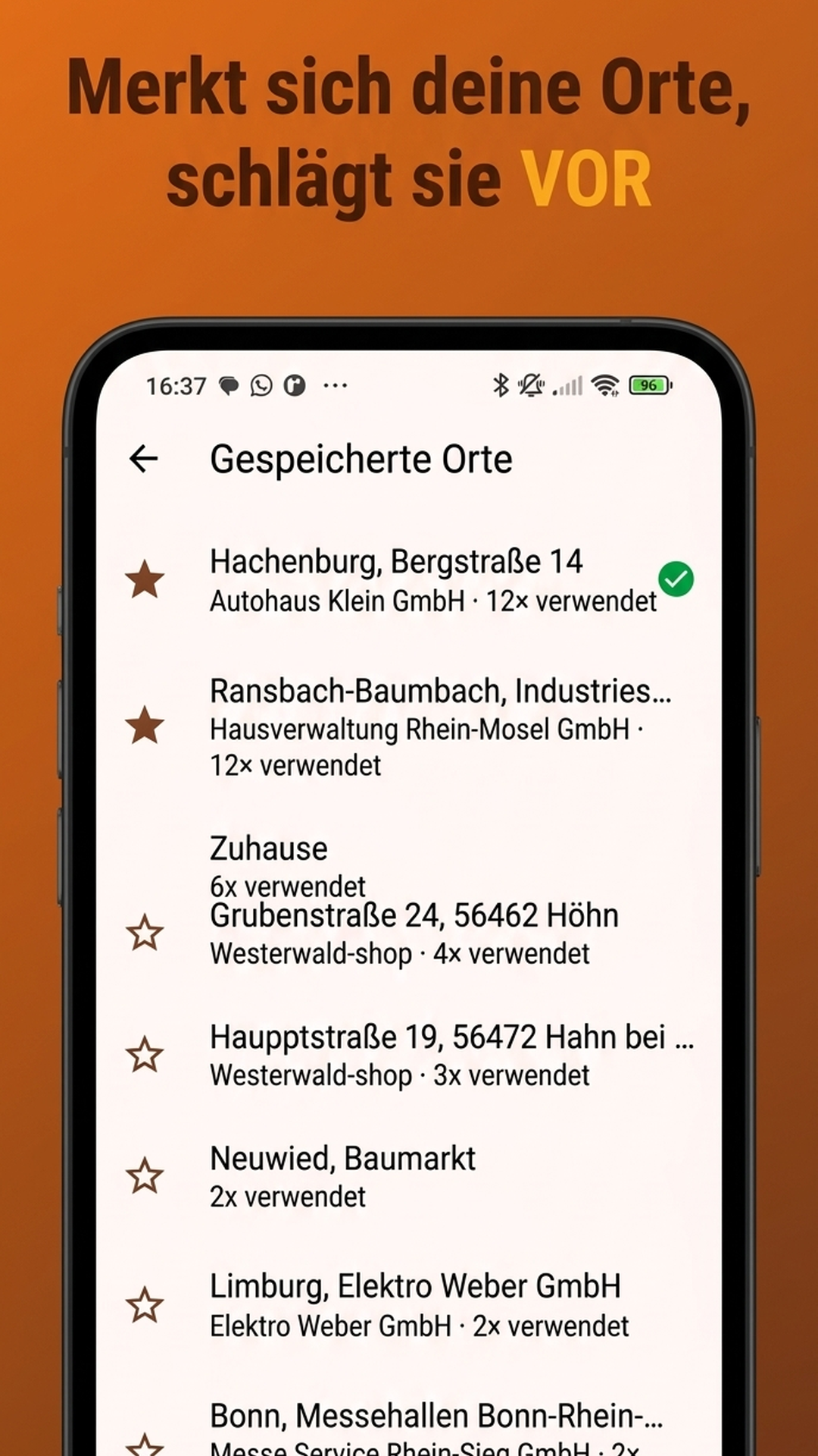 Liste automatisch angelegter Orte mit Geschäftspartnern und Nutzungshäufigkeit