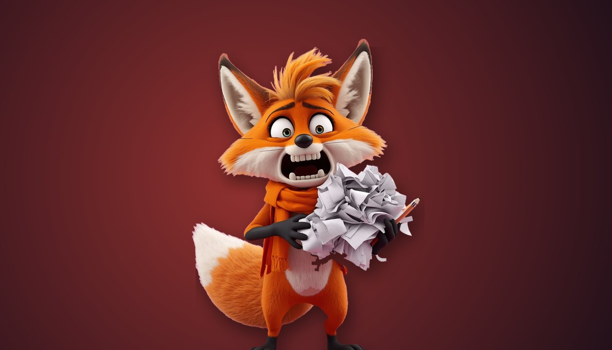 Gestresster Fuchs mit Zettelchaos